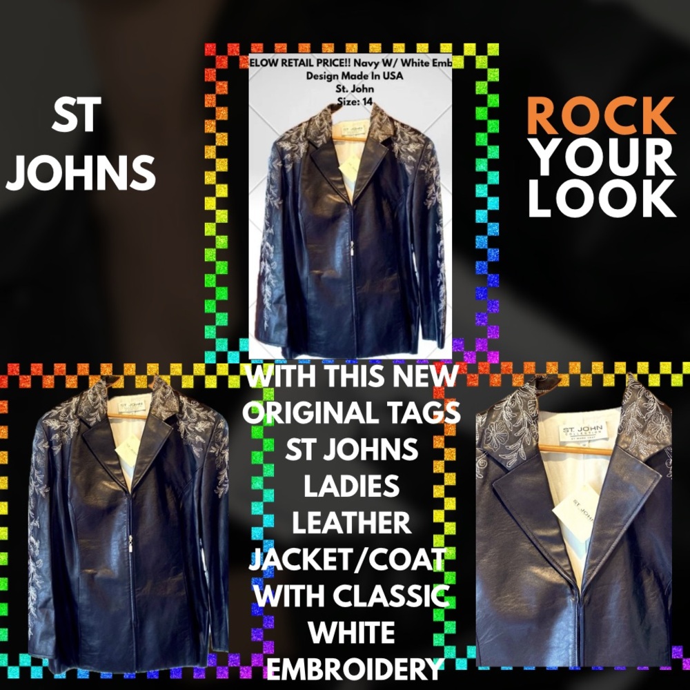 NWT, St John’s Leather Jacket Navy W/White Embroidery Design & Silk Lining